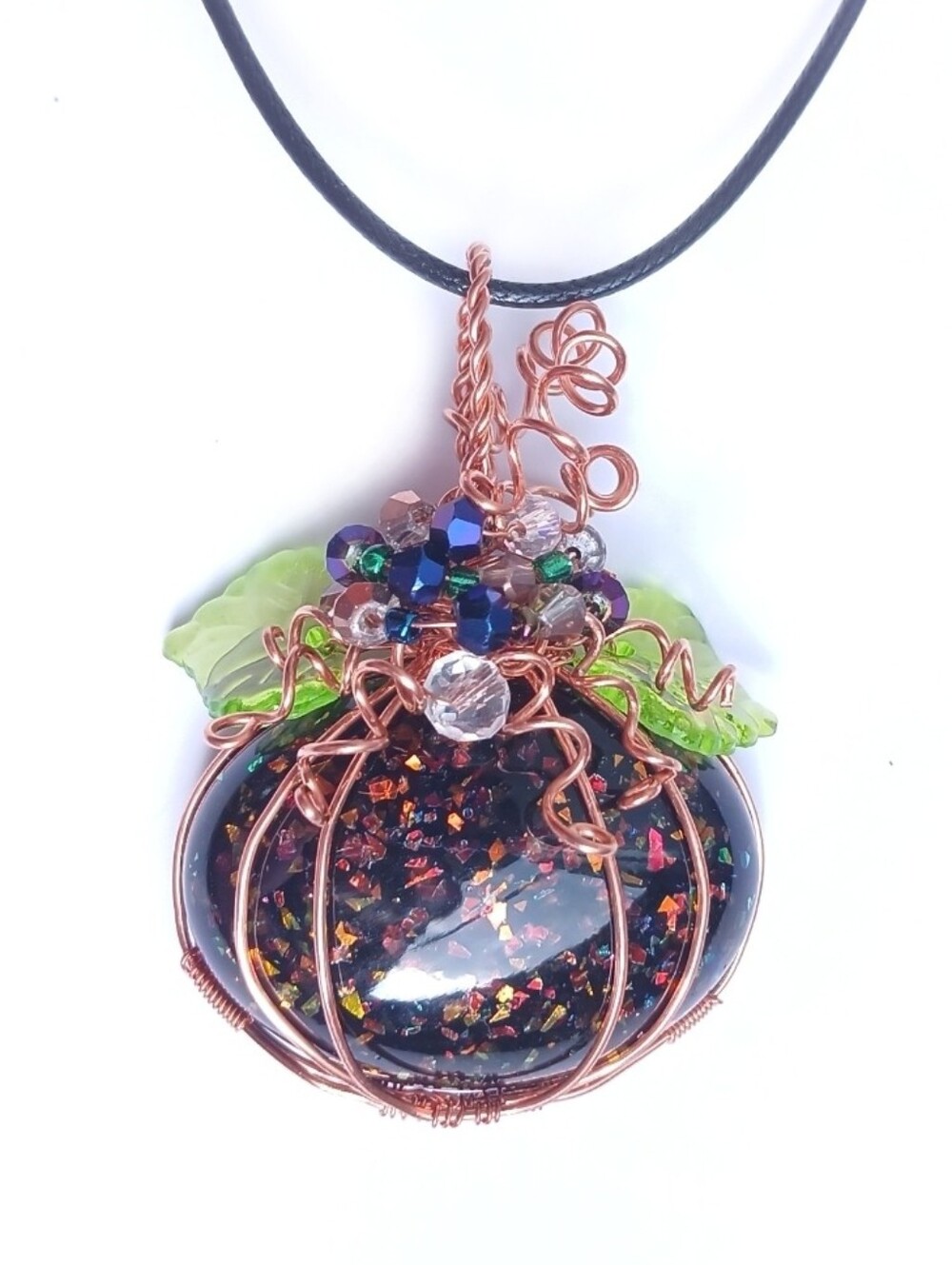 Copper wire wrapped pumpkin necklace  faux black opal cab glass beads new